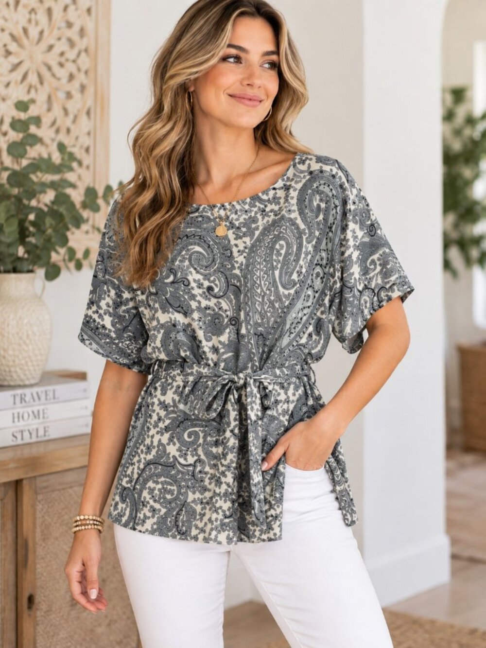 World Market Gray Paisley Print Short Sleeve Belted Top Womens S/M
